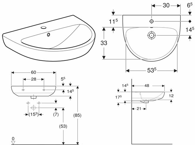 GEBERIT SELNOVA umývadlo 60 cm, s otvorom pre batériu a prepadom 500.305.01.7 Technický nákres