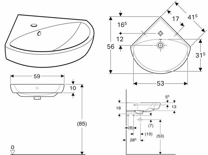 GEBERIT SELNOVA umývadielko rohové 59 cm, s otvorom pre batériu a prepadom 501.050.00.5 Technický nákres