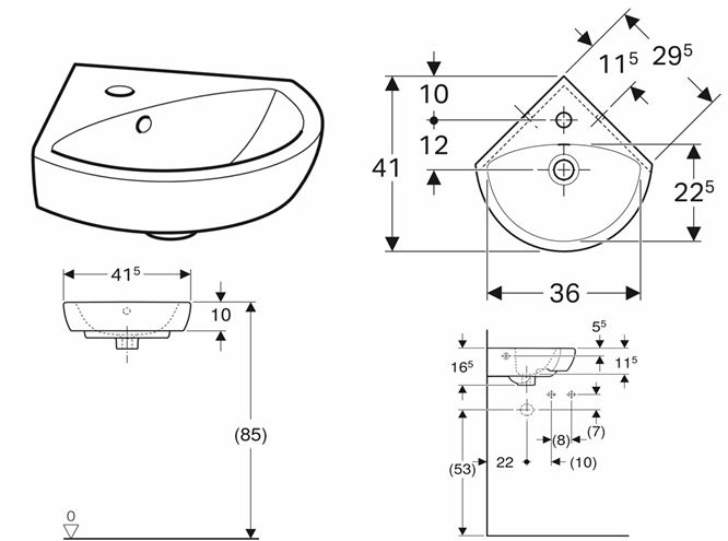 GEBERIT SELNOVA umývadielko rohové 41 cm, s otvorom pre batériu a prepadom 500.326.01.5 Technický nákres