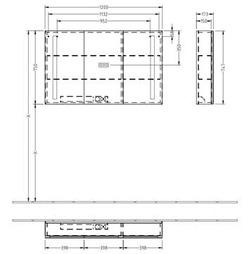 VILLEROY & BOCH VERITY LINE zrkadlová skrinka 120x75x17,3 cm, osvetlenie, so zväčšovacím zrkadlom, vypínačom a el. zásuvkou, hliník, strieborná B307F200 Technický nákres