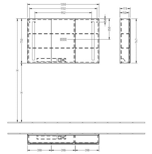 VILLEROY & BOCH VERITY LINE zrkadlová skrinka 120x75x17,3 cm, osvetlenie, so zväčšovacím zrkadlom, vypínačom a el. zásuvkou, hliník, strieborná B307F200 Technický nákres