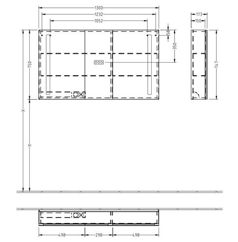 VILLEROY & BOCH VERITY LINE zrkadlová skrinka 130x75x17,3 cm, osvetlenie, so zväčšovacím zrkadlom, vypínačom a el. zásuvkou, hliník, strieborná B307F300 Technický nákres