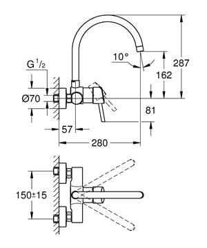 GROHE CONCETTO drezová nástenná batéria, chróm 32667001 Technický nákres
