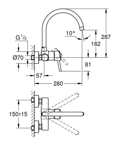 GROHE CONCETTO drezová nástenná batéria, chróm 32667001 Technický nákres