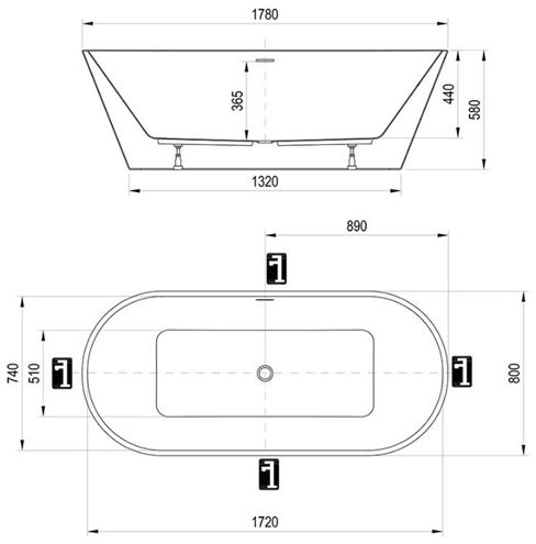 RAVAK SOLO voľne stojaca vaňa 178x80 cm, pre 2 osoby, s nožičkami, akrylát XC00100025 Technický nákres