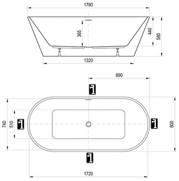 RAVAK SOLO voľne stojaca vaňa 178x80 cm, pre 2 osoby, s nožičkami, akrylát XC00100025 Technický nákres