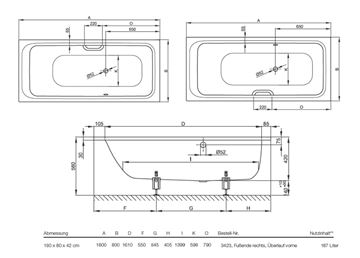 CONCEPT 200 vaňa 180x80 cm, bez nožičiek, smaltovaná oceľ 26CV Technický nákres
