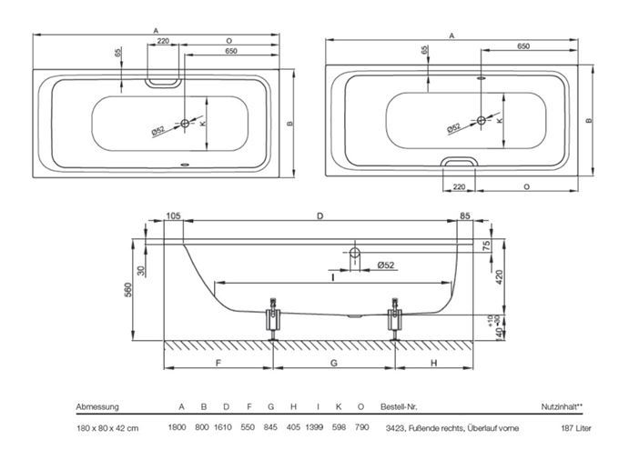 CONCEPT 200 vaňa 180x80 cm, bez nožičiek, smaltovaná oceľ 26CV Technický nákres