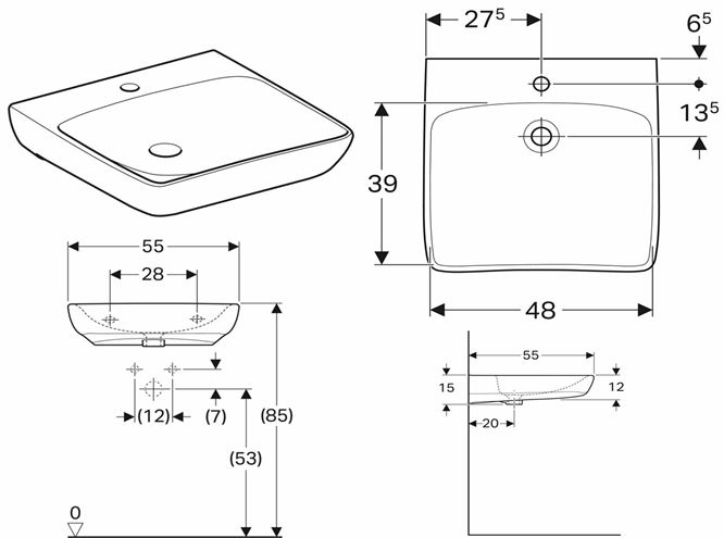 GEBERIT SELNOVA COMFORT bezbariérové umývadlo 55 cm, s otvorom pre batériu, bez prepadu 500.187.01.7 Technický nákres