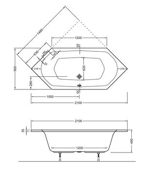 CONCEPT 100 rohová vaňa 148,5x148,5 cm bez rohu, pre 2 osoby, bez nožičiek, akrylát 55490001000 Technický nákres