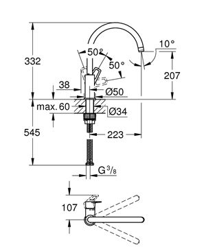 GROHE BAULOOP drezová batéria, chróm 31368001 Technický nákres
