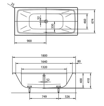 CONCEPT 100 DUO vaňa 180x80 cm, pre 2 osoby, bez nožičiek, smaltovaná oceľ 772515390001 Technický nákres