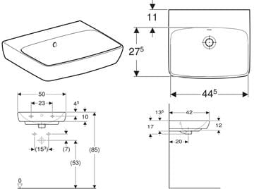 GEBERIT SELNOVA SQUARE umývadlo 50 cm, s prepadom 500.301.01.7 Technický nákres