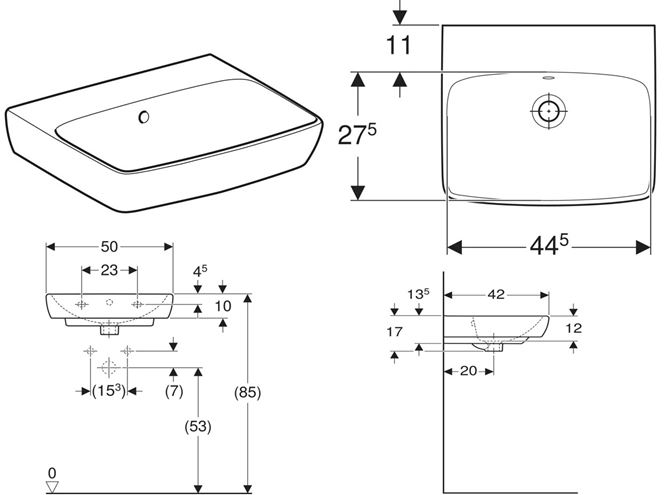 GEBERIT SELNOVA SQUARE umývadlo 50 cm, s prepadom 500.301.01.7 Technický nákres