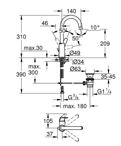 GROHE BAUFLOW umývadlová stojanková batéria, s odtokovou súpravou, chróm 23753000 Technický nákres