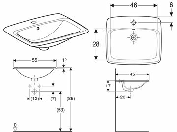 GEBERIT SELNOVA SQUARE umývadlo 55 cm, s otvorom pre batériu a prepadom 500.306.01.1 Technický nákres