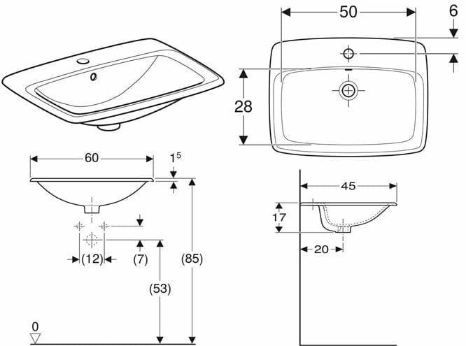 GEBERIT SELNOVA SQUARE umývadlo 60 cm, s otvorom pre batériu a prepadom 500.307.01.1 Technický nákres