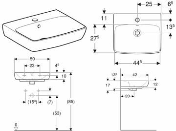 GEBERIT SELNOVA SQUARE umývadlo 50 cm, s otvorom pre batériu a prepadom 500.310.01.7 Technický nákres
