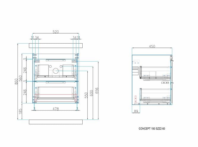 CONCEPT 150 skrinka pod umývadlo 52x45x56 cm, 2 zásuvky, lesklá biela 808129 Technický nákres