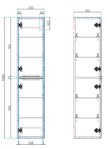 CONCEPT 150 vysoká skrinka 35x35x154, 5 cm, 2 dvierka, lesklá biela 808105 Technický nákres
