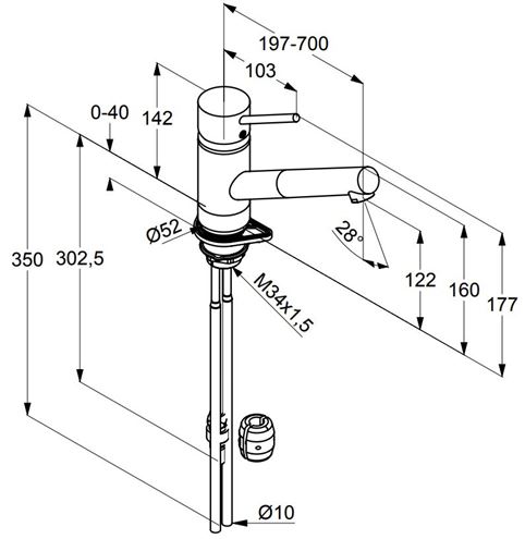 KLUDI SCOPE drezová batéria, s vyťahovacou koncovkou, chróm 339310575 Technický nákres