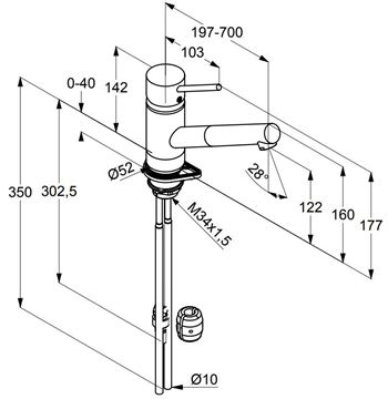 KLUDI SCOPE drezová batéria, s vyťahovacou koncovkou, chróm 339310575 Technický nákres