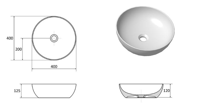 RAVAK UNI 400 B SLIM umývadlová misa 40 cm, bez prepadu XJX01140003 Technický nákres