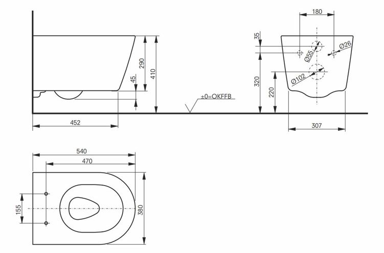 TOTO RP závesné WC, so SoftClose sedadlom, Rimless splachovanie CW552RY+TC514G Technický nákres