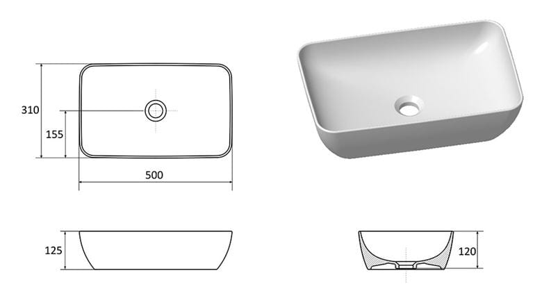 RAVAK UNI 500 R SLIM umývadlo na dosku 50 cm, bez prepadu XJX01150001 Technický nákres