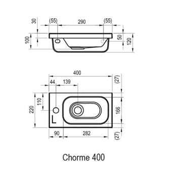 RAVAK CHROME 400 umývadlo 40 cm, s otvorom pre batériu vľavo, bez prepadu, liaty mramor XJGL1100000 Technický nákres