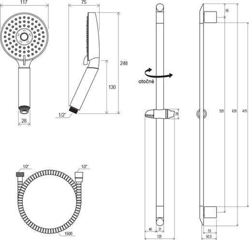 RAVAK 902.00 sprchová súprava 3-dielna, ručná sprcha pr. 117 mm, 3 prúdy, tyč, hadica, lesklý chróm X07P177 Technický nákres