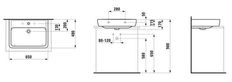 LAUFEN PRO A umývadlo 65 cm, s otvorom pre batériu a prepadom H8179530001041 Technický nákres