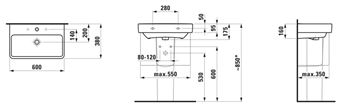 LAUFEN PRO S umývadlo 60 cm, s otvorom pre batériu a prepadom H8189590001041 Technický nákres