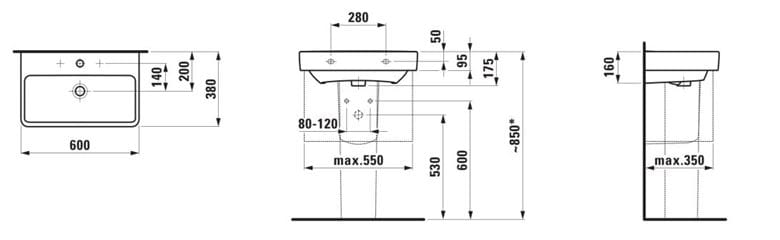 LAUFEN PRO S umývadlo 60 cm, s otvorom pre batériu a prepadom, LCC H8189594001041 Technický nákres