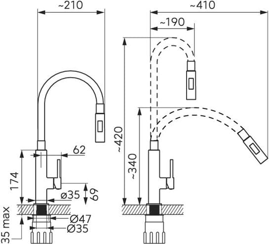 NOVASERVIS drezová batéria, s flexi ramienkom a sprškou, čierna/chróm 70730,0C Technický nákres