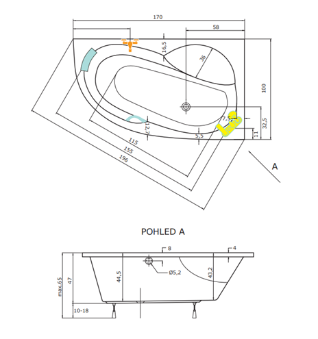 TEIKO MEDEA 170 P rohová vaňa 170x100 cm, s nožičkami, akrylát V110170R04T01001 Technický nákres
