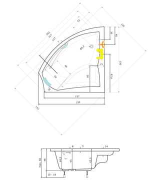 TEIKO AURIGA L rohová vaňa 150x150 cm, s nožičkami, akrylát V111150L04T04001 Technický nákres