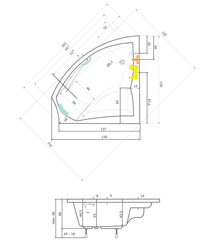 TEIKO AURIGA L rohová vaňa 150x150 cm, s nožičkami, akrylát V111150L04T04001 Technický nákres