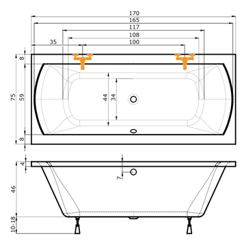 TEIKO FENIX 170 vaňa 170x75 cm, pre 2 osoby, s nožičkami, akrylát V112170N04T11001 Technický nákres