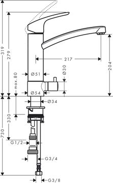 HANSGROHE FOCUS M41 drezová batéria, s ventilom pre umývačku, chróm 31803000 Technický nákres