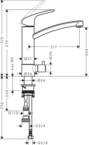 HANSGROHE FOCUS M41 drezová batéria, s ventilom pre umývačku, chróm 31803000 Technický nákres