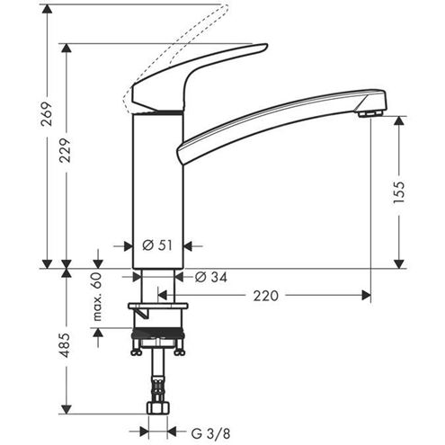 HANSGROHE FOCUS M41 drezová batéria, nerez 31806800 Technický nákres