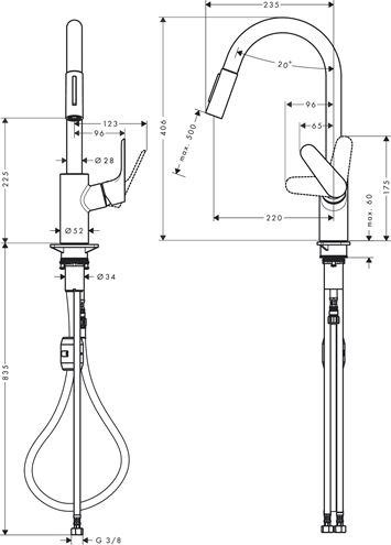 HANSGROHE FOCUS M41 drezová batéria, s vyťahovacou sprškou, chróm 31815000 Technický nákres