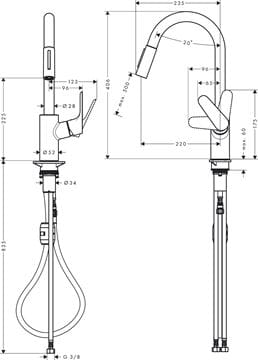 HANSGROHE FOCUS M41 drezová batéria, s vyťahovacou sprškou, chróm 31815000 Technický nákres