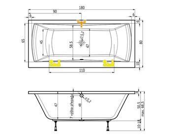 TEIKO TITAN 180/80 vaňa 180x80 cm, s nožičkami, akrylát V113180N04T06001 Technický nákres