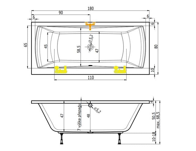 TEIKO TITAN 180/80 vaňa 180x80 cm, s nožičkami, akrylát V113180N04T06001 Technický nákres