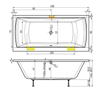 TEIKO TITAN 190/90 vaňa 190x90 cm, s nožičkami, akrylát V113190N04T06001 Technický nákres