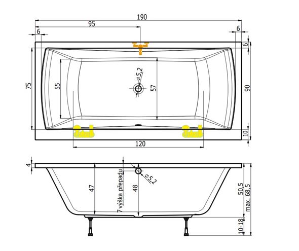 TEIKO TITAN 190/90 vaňa 190x90 cm, s nožičkami, akrylát V113190N04T06001 Technický nákres