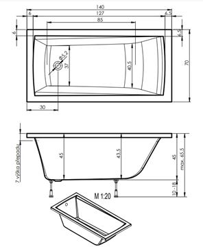 TEIKO TREND 140 vaňa 140x70 cm, s nožičkami, akrylát V113140N04T01001 Technický nákres