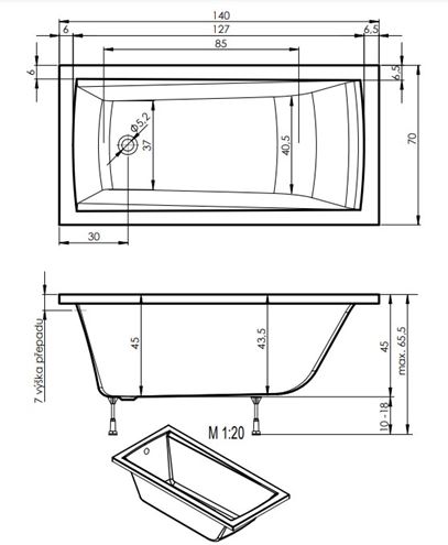 TEIKO TREND 140 vaňa 140x70 cm, s nožičkami, akrylát V113140N04T01001 Technický nákres